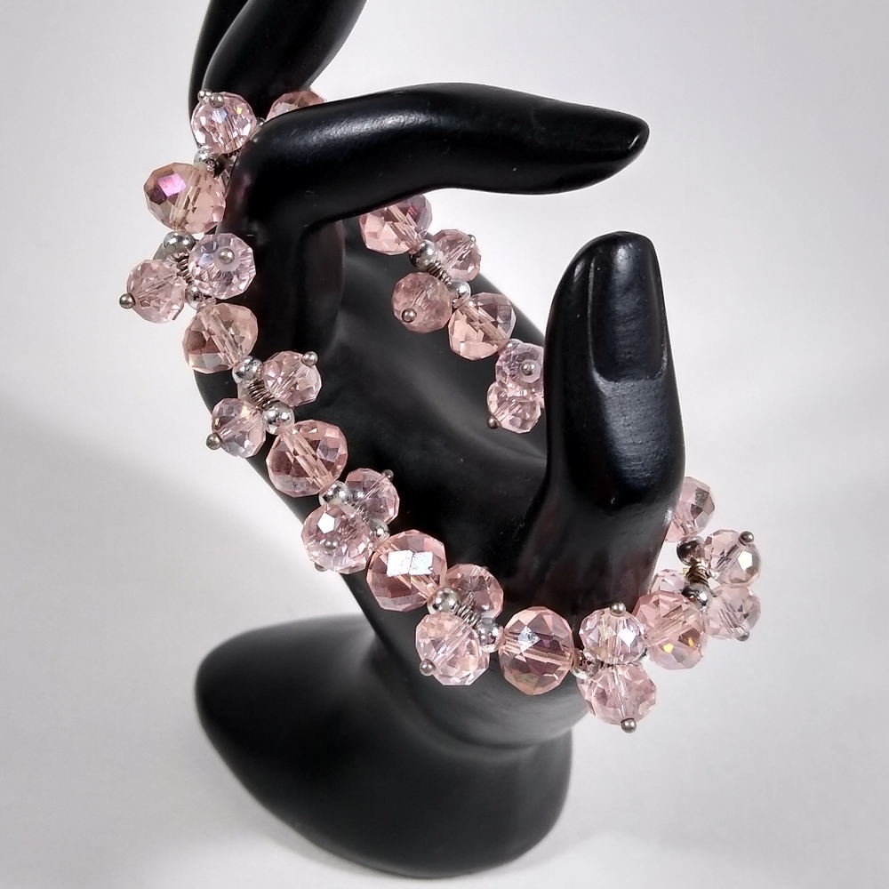 Bracelet Pink Silver Stretch Beaded Handmade